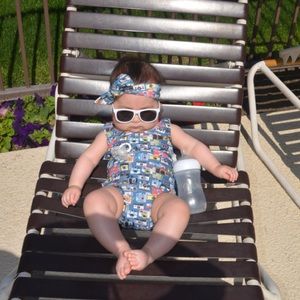 Vintage camera print baby swim (6-9m) & headband